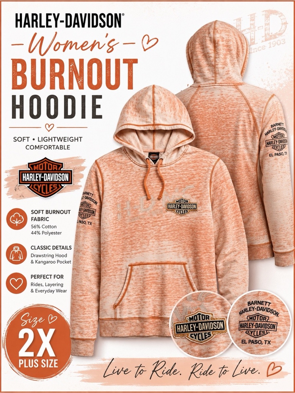 Harley-Davidson Women’s Burnout Hoodie Orange Cream Pullover 2X Plus Size
